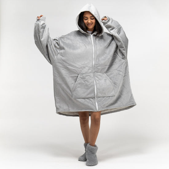 Nadrozmerná mikina s kapucňou a zipsom a dekou pre mužov alebo ženy - Jemné Šedá 02