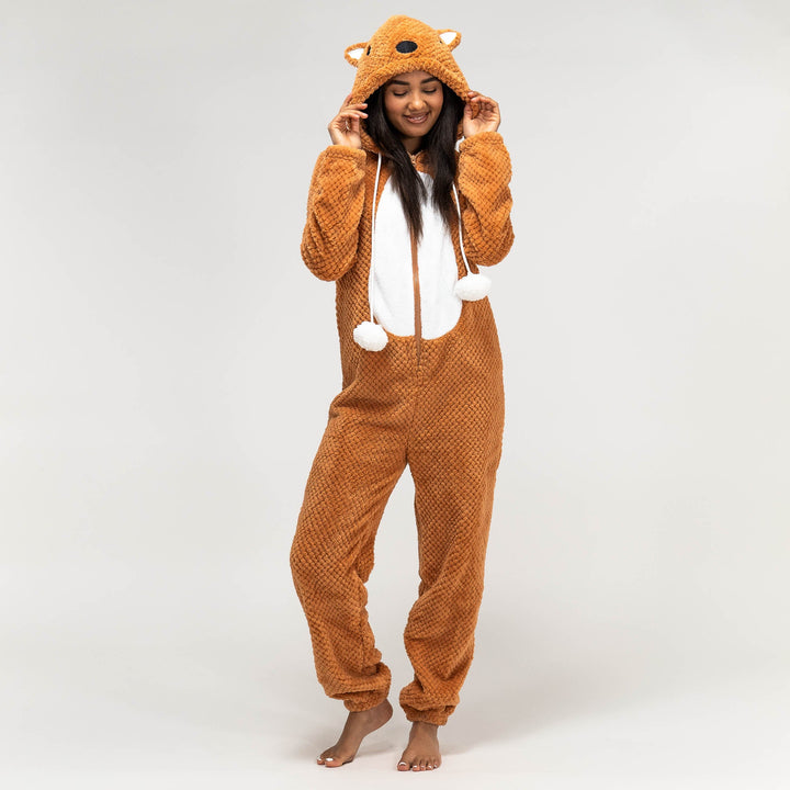 Dámsky zvierací flísový overal Onesie s kapucňou - Líška 01