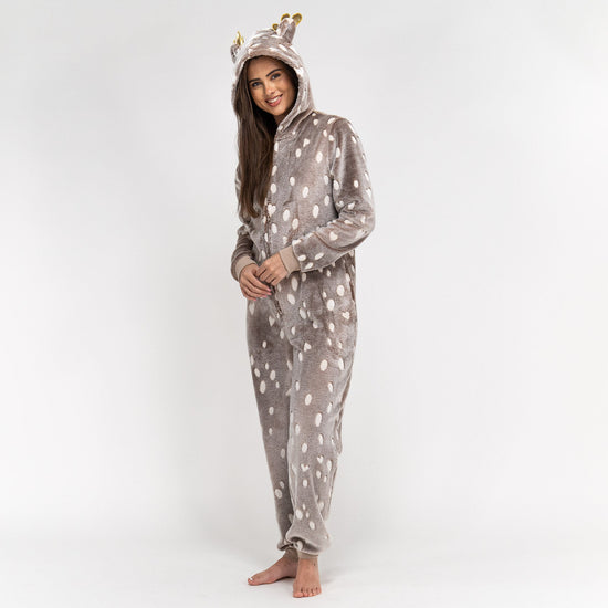 Dámsky zvierací flísový overal Onesie s kapucňou - Potlač so sobom 01