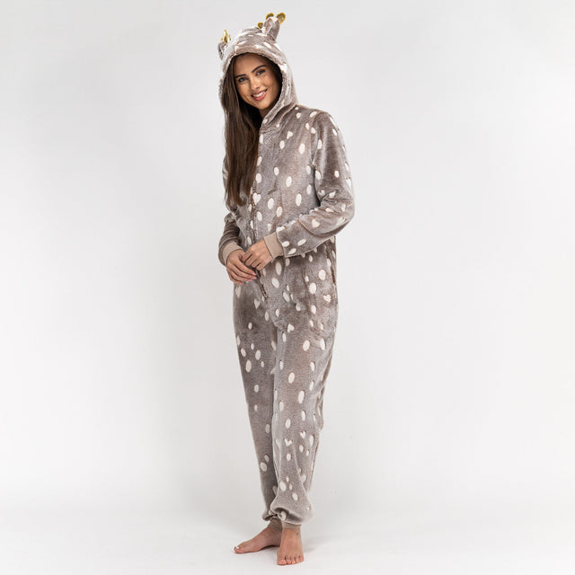 Dámsky zvierací flísový overal Onesie s kapucňou - Potlač so sobom 01