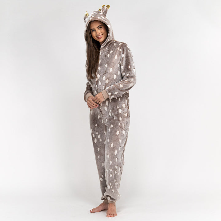 Dámsky zvierací flísový overal Onesie s kapucňou - Potlač so sobom 01