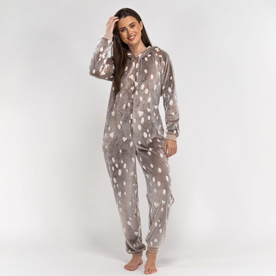 Dámsky zvierací flísový overal Onesie s kapucňou - Potlač so sobom 03