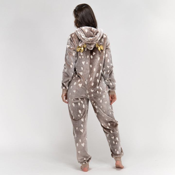 Dámsky zvierací flísový overal Onesie s kapucňou - Potlač so sobom 05
