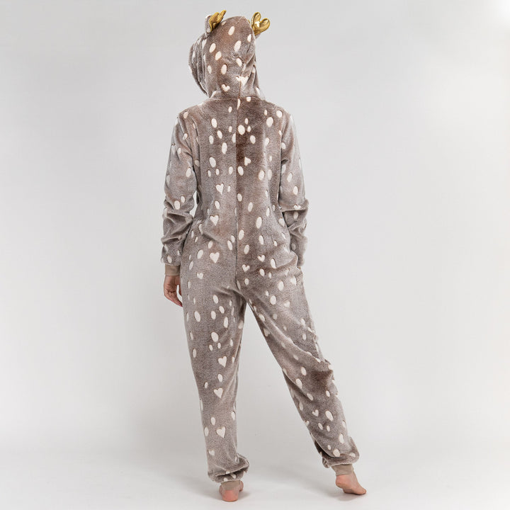 Dámsky zvierací flísový overal Onesie s kapucňou - Potlač so sobom 06
