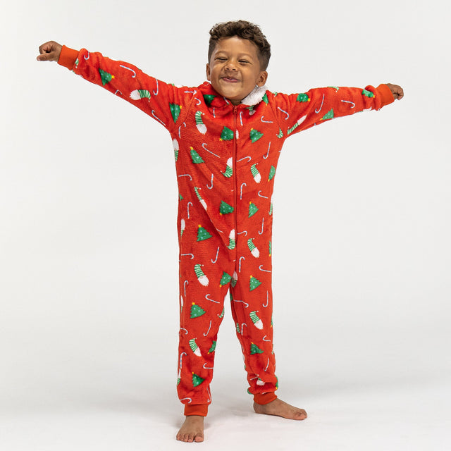 Detský flísový overal Onesie s kapucňou - Vianočná potlač Červená 01
