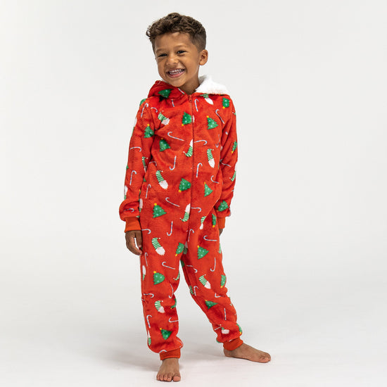 Detský flísový overal Onesie s kapucňou - Vianočná potlač Červená 02