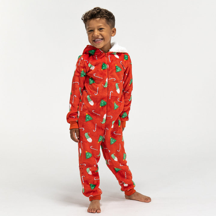 Detský flísový overal Onesie s kapucňou - Vianočná potlač Červená 02