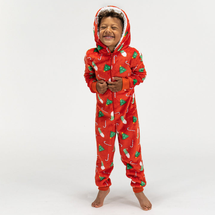 Detský flísový overal Onesie s kapucňou - Vianočná potlač Červená 03