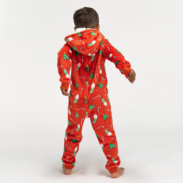 Detský flísový overal Onesie s kapucňou - Vianočná potlač Červená 04