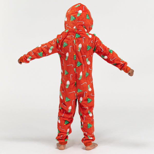 Detský flísový overal Onesie s kapucňou - Vianočná potlač Červená Fabric Close-up Image