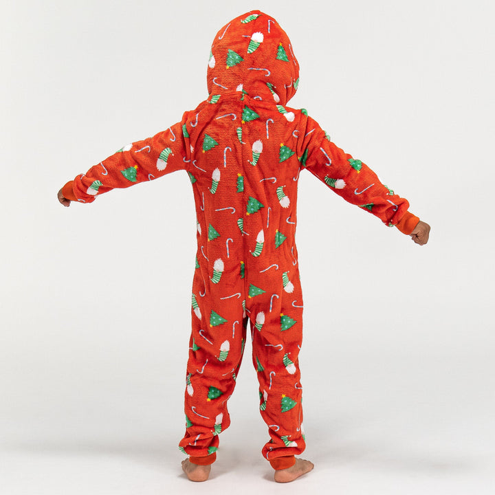 Detský flísový overal Onesie s kapucňou - Vianočná potlač Červená 05