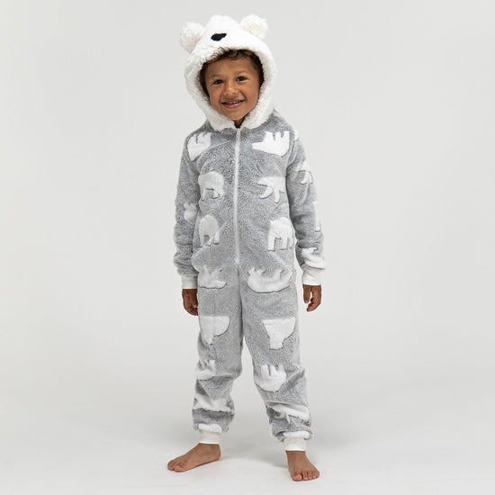 Detský zvierací flísový overal Onesie s kapucňou - Medveď biely 01
