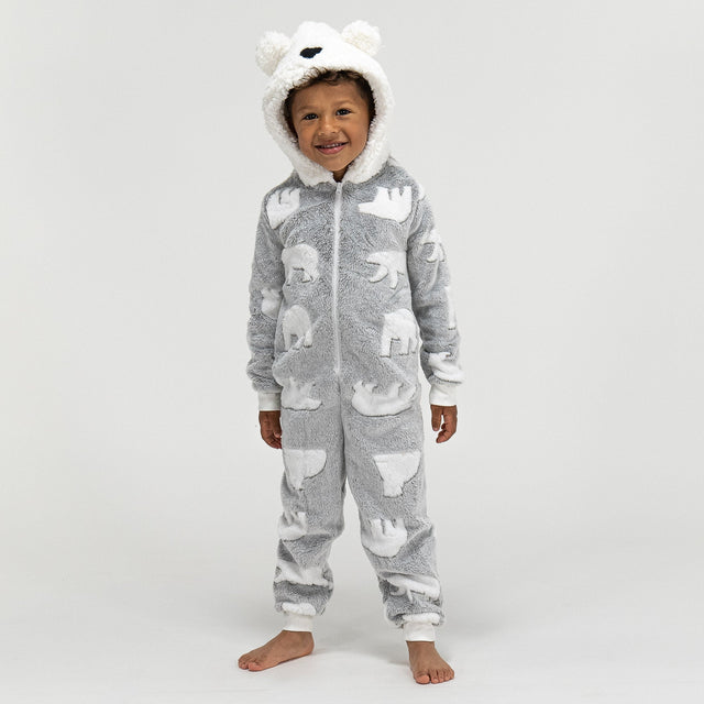 Detský zvierací flísový overal Onesie s kapucňou - Medveď biely 01
