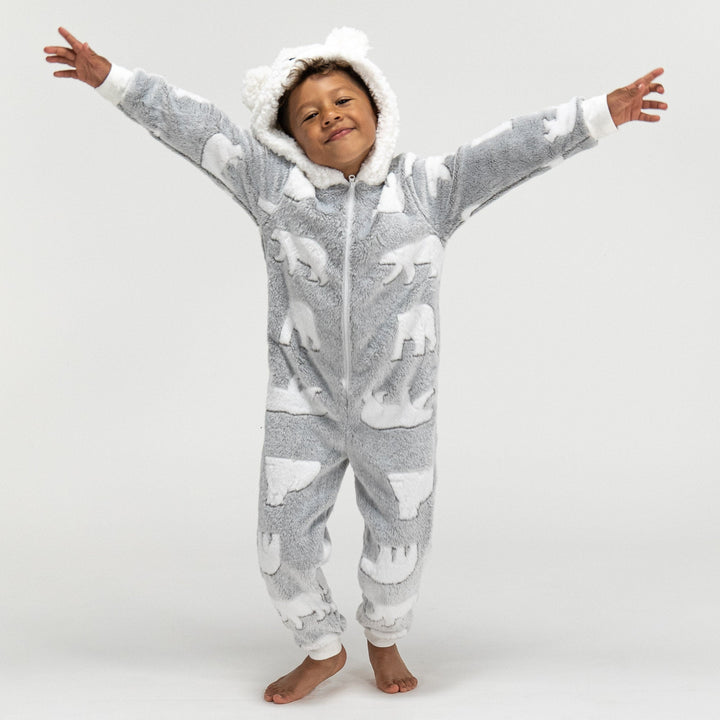 Detský zvierací flísový overal Onesie s kapucňou - Medveď biely 02