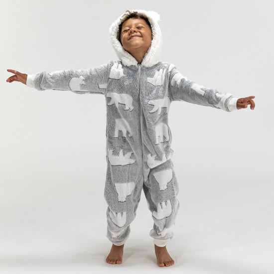 Detský zvierací flísový overal Onesie s kapucňou - Medveď biely 03