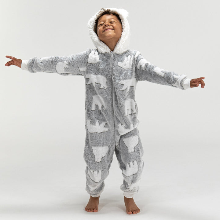 Detský zvierací flísový overal Onesie s kapucňou - Medveď biely 03
