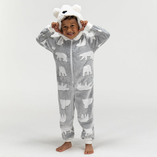 Detský zvierací flísový overal Onesie s kapucňou - Medveď biely 04