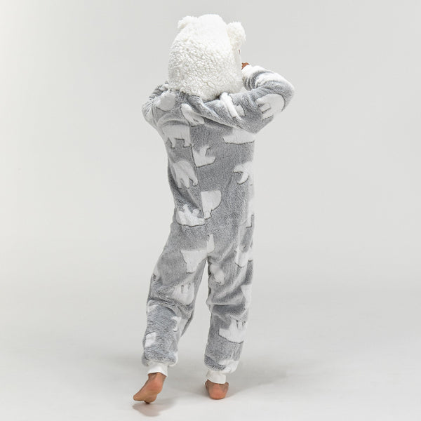 Detský zvierací flísový overal Onesie s kapucňou - Medveď biely Fabric Close-up Image