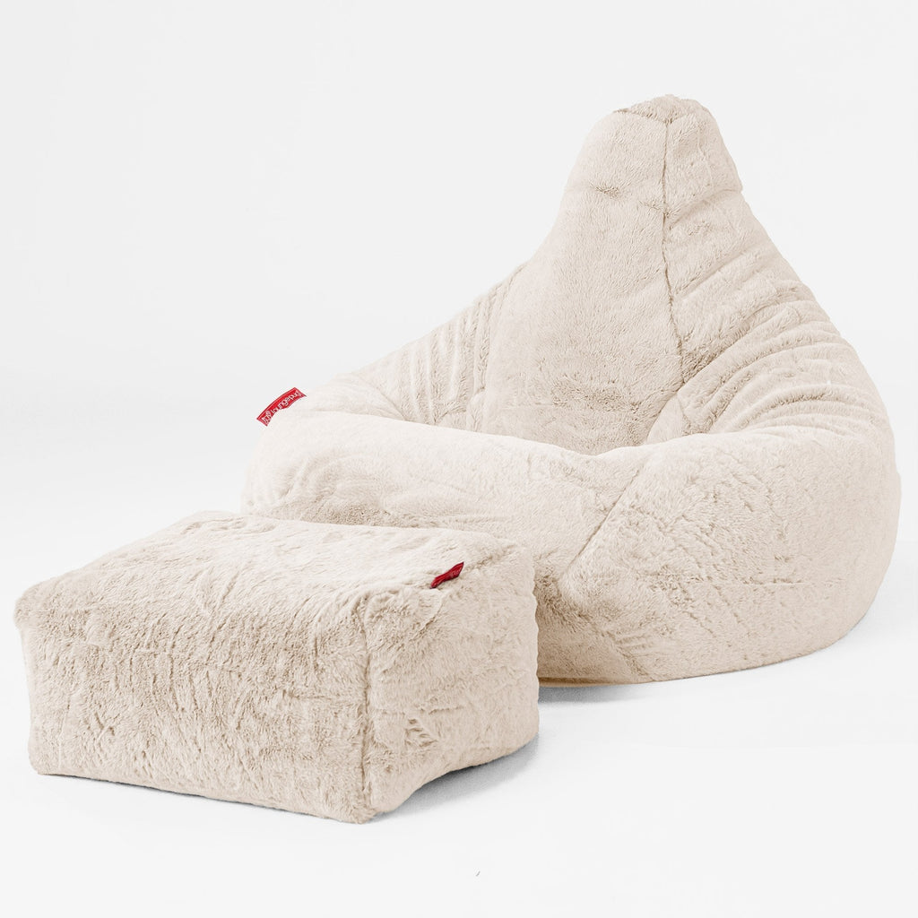 Stolička s vysokým operadlom sedací vak - Falošná králičia kožušina Biela 01